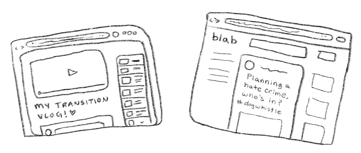 Two doodled outlines of browser windows. One has the phrase "my transition vlog!" under a video player. The other has the header "blab", showing the top of a post with the text "Planning a hate crime, who's in? #dogwhistle". 