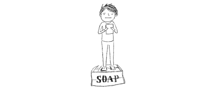 A person standing on a box labeled "soap", as in, on a soapbox.