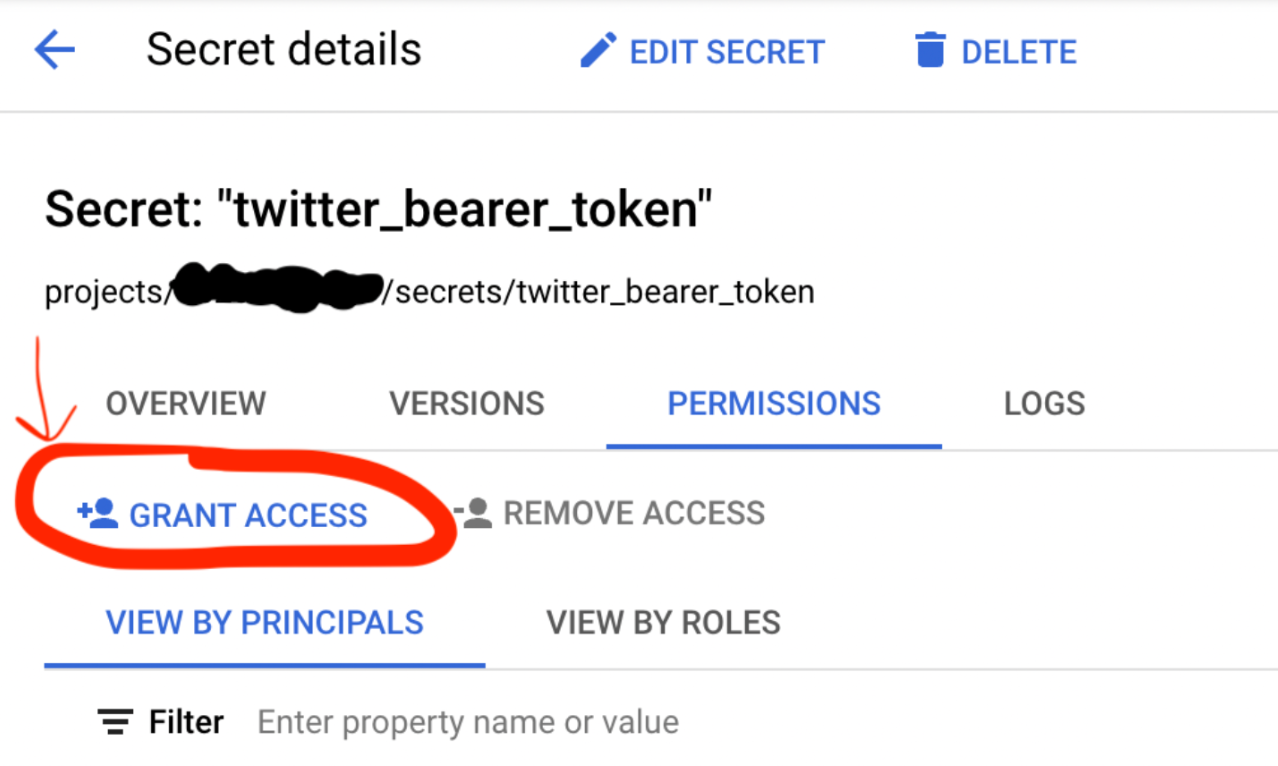 A screenshot of the google cloud secret manager. The "twitter_bearer_token" secret is open, and there's a red arrow pointing to a button labeled "Grant access".
