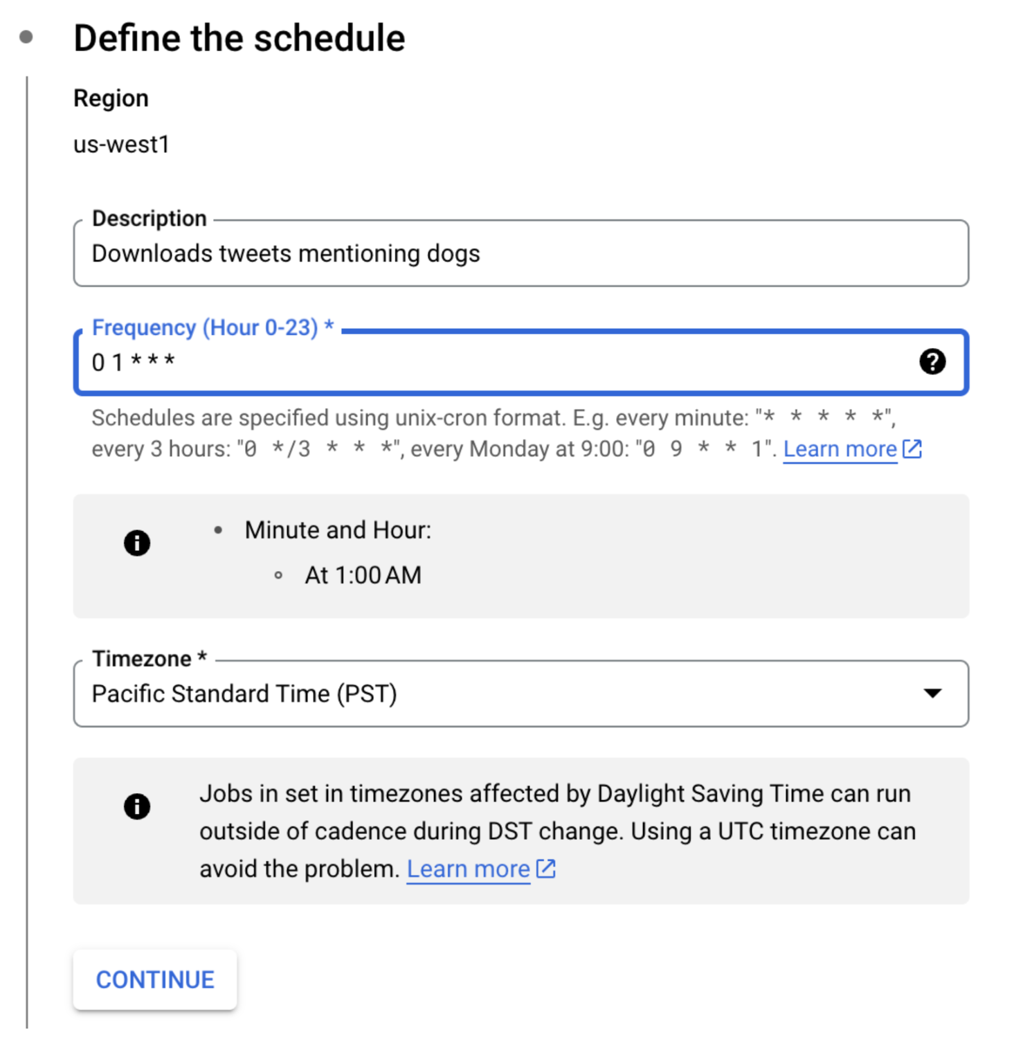 A screenshot of configuring a job with the google cloud scheduler. It has the description "Downloads tweets mentioning dogs" with a schedule "0 1 * * *", which indicates running every day at 1am in cron syntax.