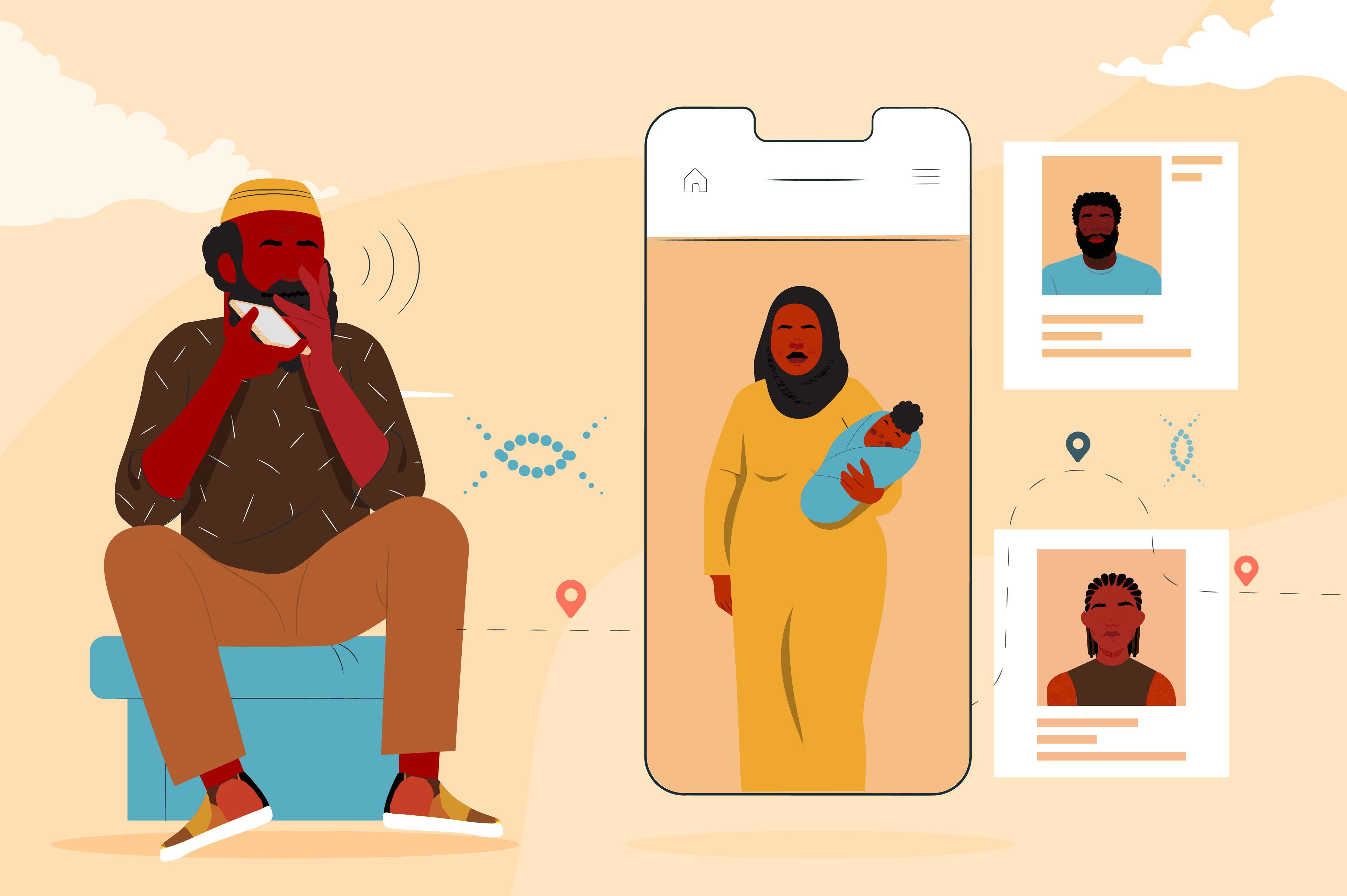 Illustration features a Black man with a curly black beard sitting on a blue cushion. He is wearing tan pants, sneakers, a brown patterned shirt, and a yellow cap. He holds a phone to his mouth and appears to be talking: to his right, an illustration of a phone screen shows a woman in a yellow dress and dark hijab holding a baby, and less detailed illustrations of other people.