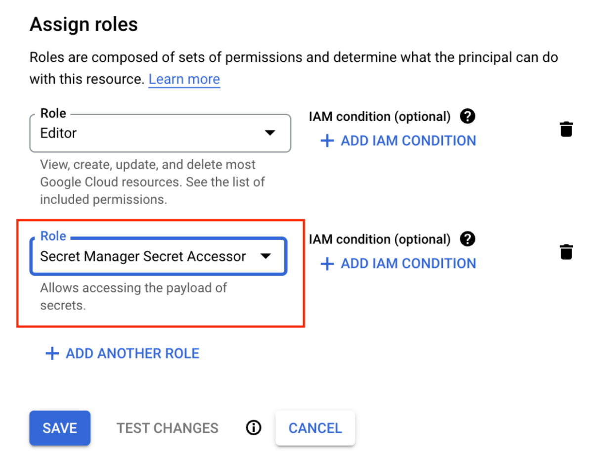A screenshot of the google cloud IAM page for some account whose name is not shown. There is a red box highlighting that a role called "Secret Manager Secret Accessor" has been added to the account.