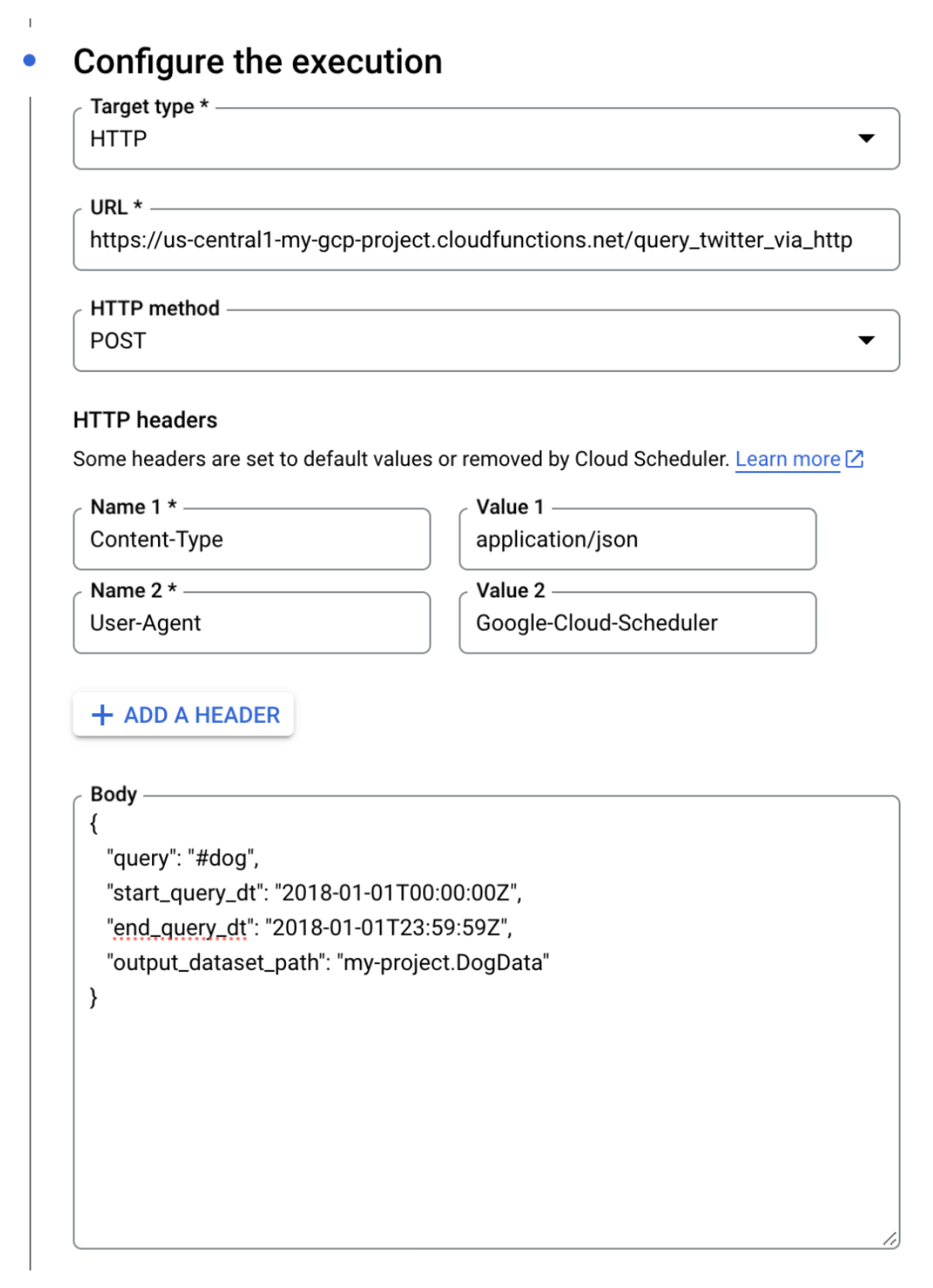 A screenshot of the google cloud scheduler configuration page, now on the "configure the execution" section. It shows a task configured to make a POST request with a JSON body with parameters like "'query': 'dog'". 